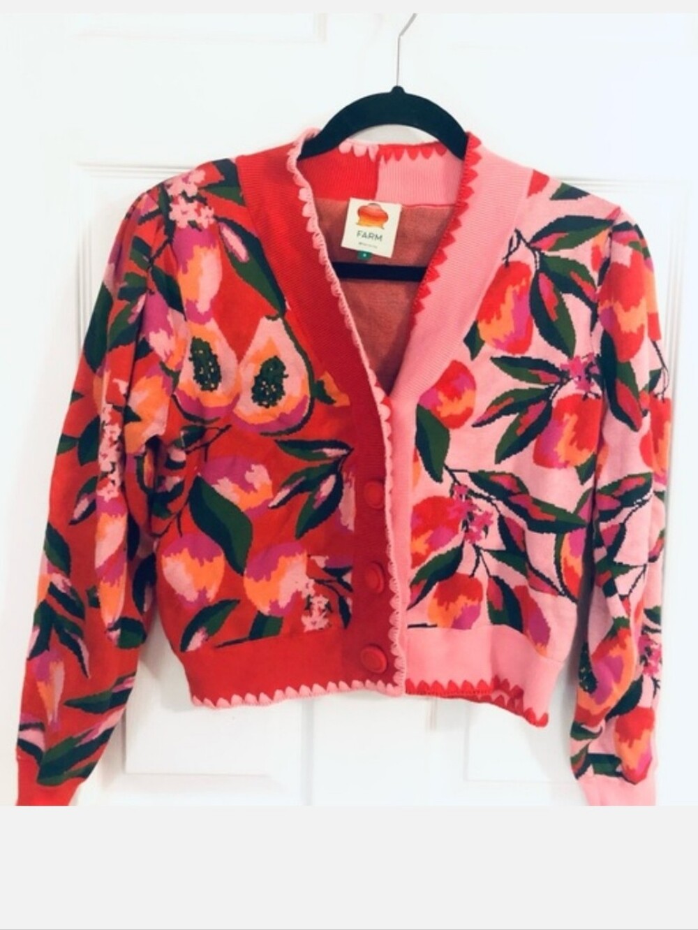 FARM RIO Mixed Papaya Knit Vibrant Red Pink Long Sleeve Cardigan Small NWOT - Picture 6 of 15